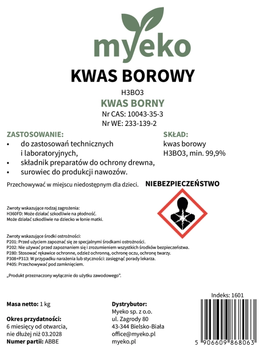 kwas borowy, kwas borny etykieta