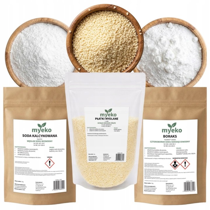 ZESTAW DO PRANIA PŁATKI MYDLANE 1KG + BORAKS 1KG + SODA KALCYNOWANA 1KG