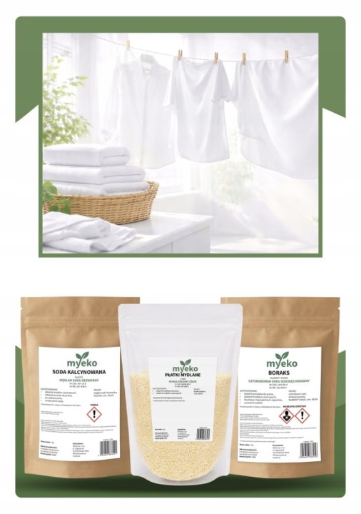 ZESTAW DO PRANIA PŁATKI MYDLANE 1KG + BORAKS 1KG + SODA KALCYNOWANA 1KG