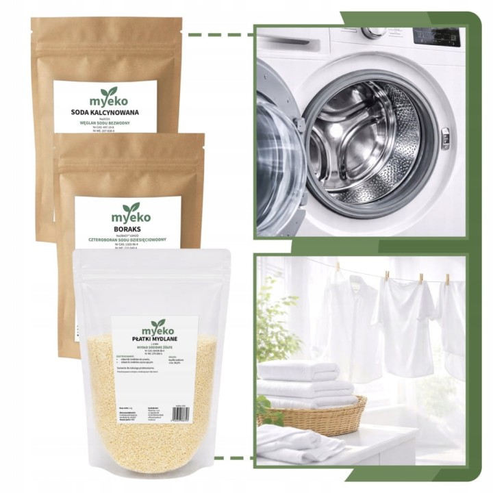 ZESTAW DO PRANIA PŁATKI MYDLANE 1KG + BORAKS 1KG + SODA KALCYNOWANA 1KG