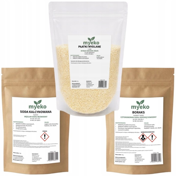 ZESTAW DO PRANIA PŁATKI MYDLANE 1KG + BORAKS 1KG + SODA KALCYNOWANA 1KG