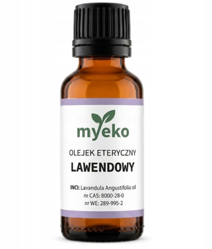 Olejek eteryczny lawendowy myeko 30 ml, szklana butelka z etykietą