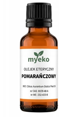 Olejek eteryczny pomarańczowy myeko 10 ml, szklana butelka z etykietą