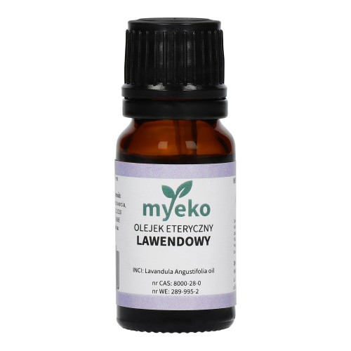 Olejek eteryczny lawendowy myeko 10 ml, szklana butelka z etykietą