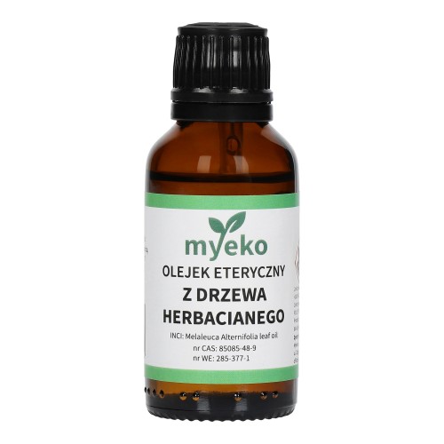 Olejek eteryczny z drzewa herbacianego myeko 30 ml, szklana butelka z etykietą