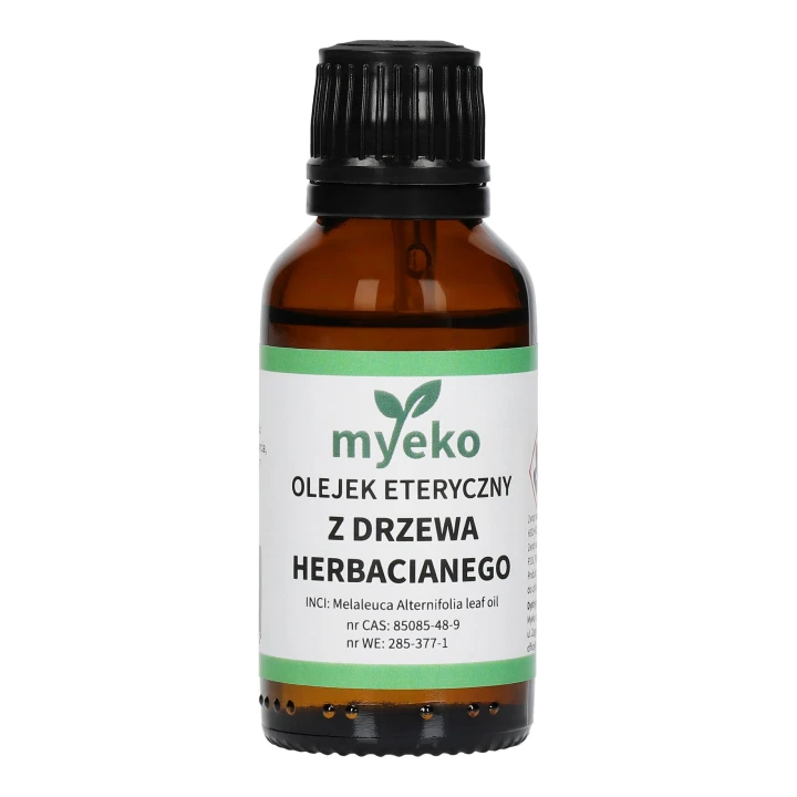 Olejek eteryczny z drzewa herbacianego myeko 30 ml, szklana butelka z etykietą