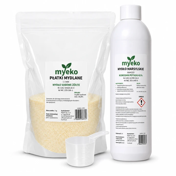 Płatki mydlane 1 kg i mydło marsylskie w płynie 1 l z miarką