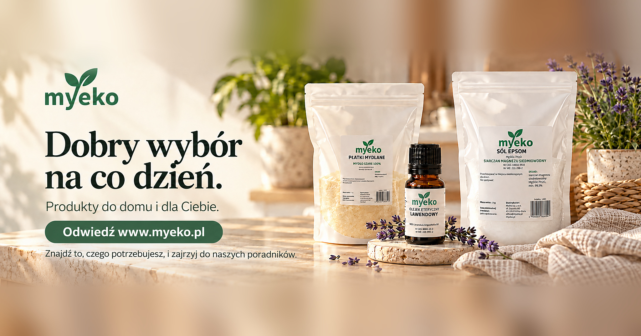 Naturalne środki czystości myeko – soda oczyszczona, nadwęglan sodu i sól Epsom w papierowych opakowaniach