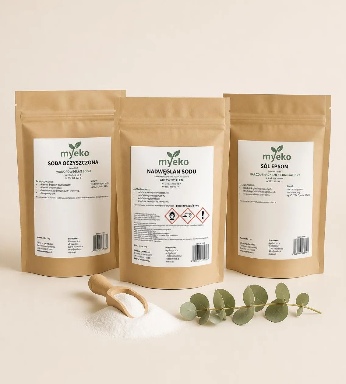 Naturalne produkty myeko: soda oczyszczona, nadwęglan sodu i sól Epsom